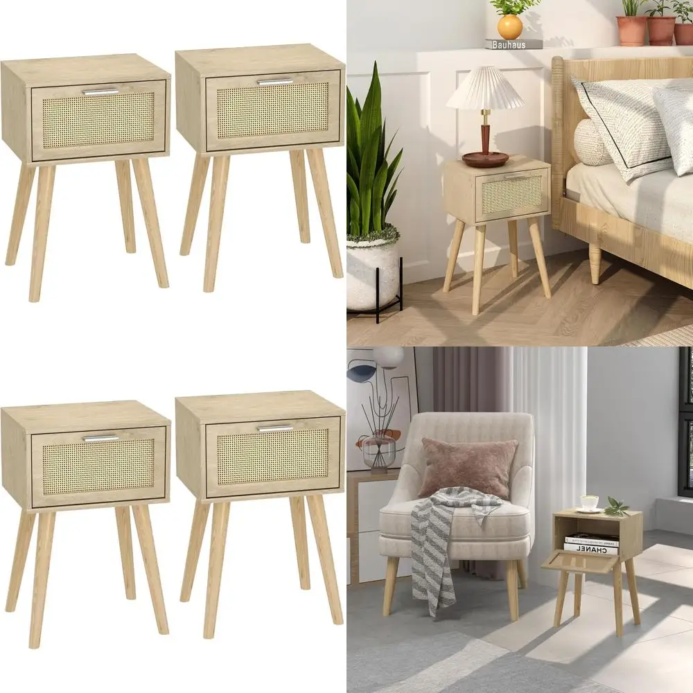 

Пара прикроватных тумбочек в богемном стиле из ротанга, компактные приставные столики на деревянных ножках для спальни и гостиной