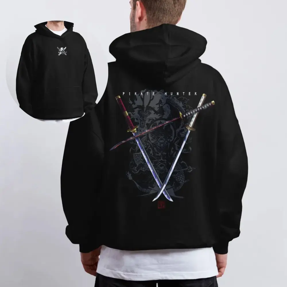 

Цельная черная толстовка с капюшоном для мужчин и женщин, зима 2025 года, хлопковая толстовка, пиратский охотник, текст Roronoa Zoro, дизайн скрещенных Katanas, красное золото
