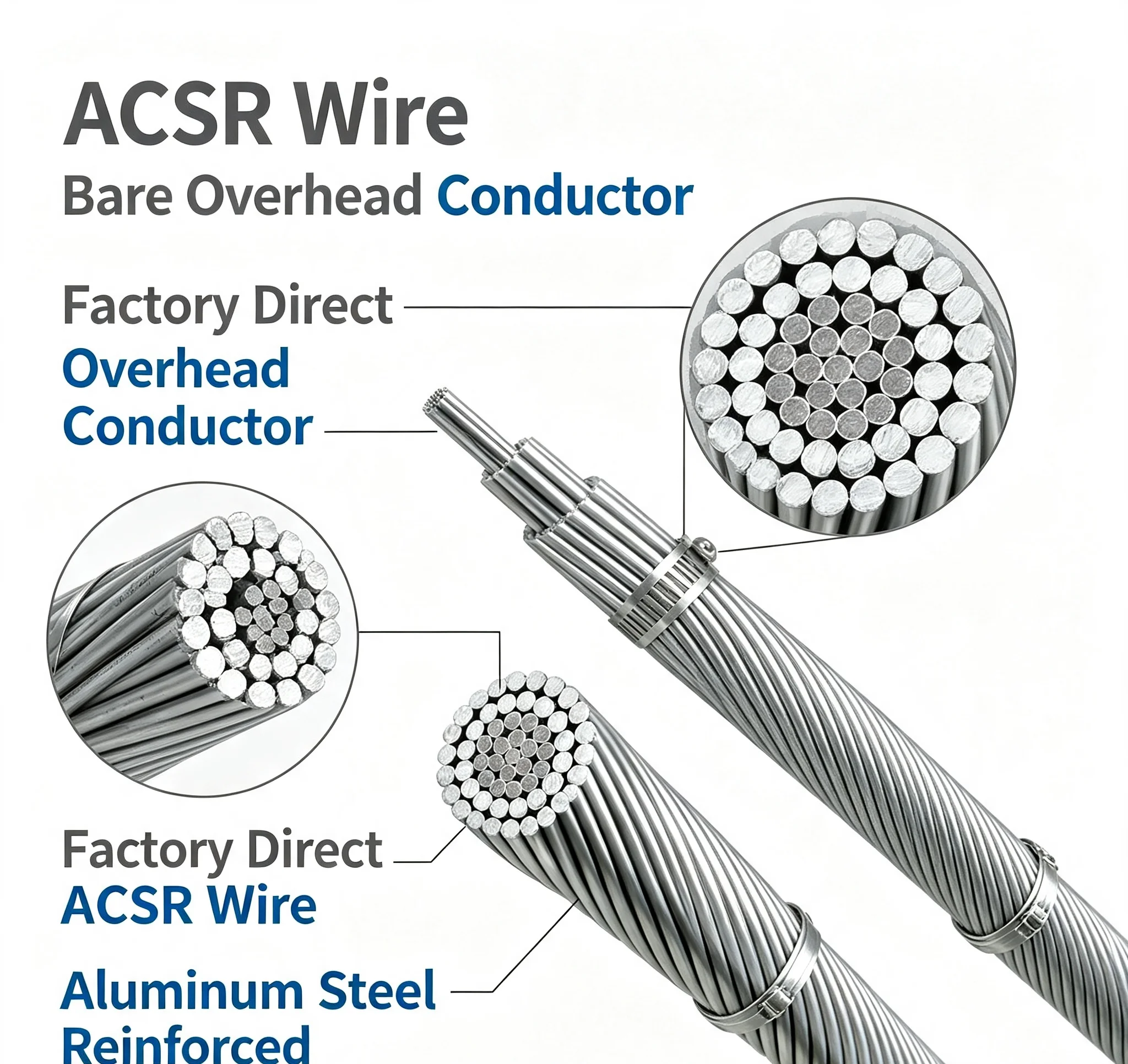 ACSR Conductor Bare Steel Core Aluminum Reinforced Wire GB 1179-74 Standard High Voltage Overhead Power Transmission Cable