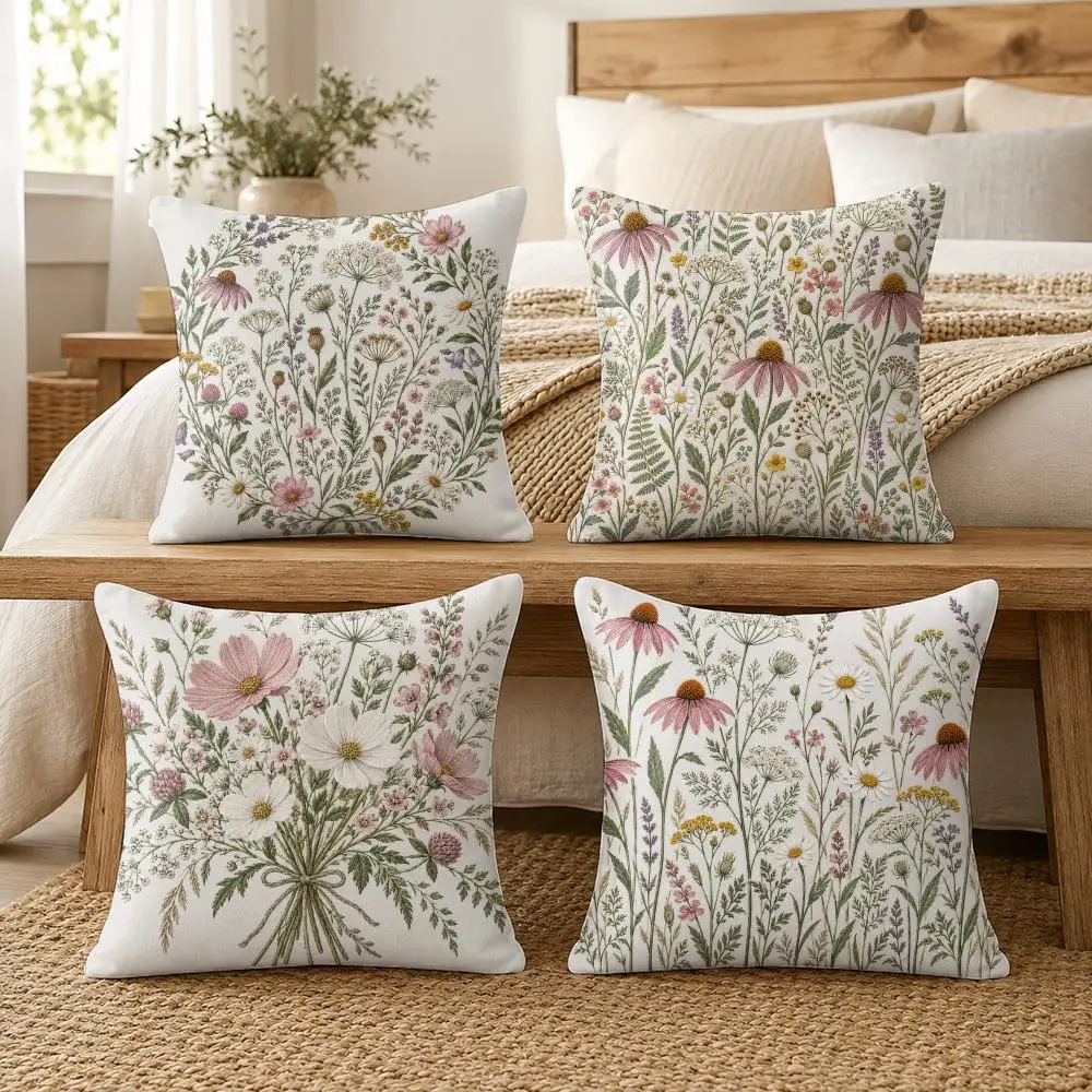 French Vintage Flowers Pattern Cushion Cover Soft Short Plush Pillow Cases Hidden Zipper Cutecore Sofa Bedroom Home Decor Gift