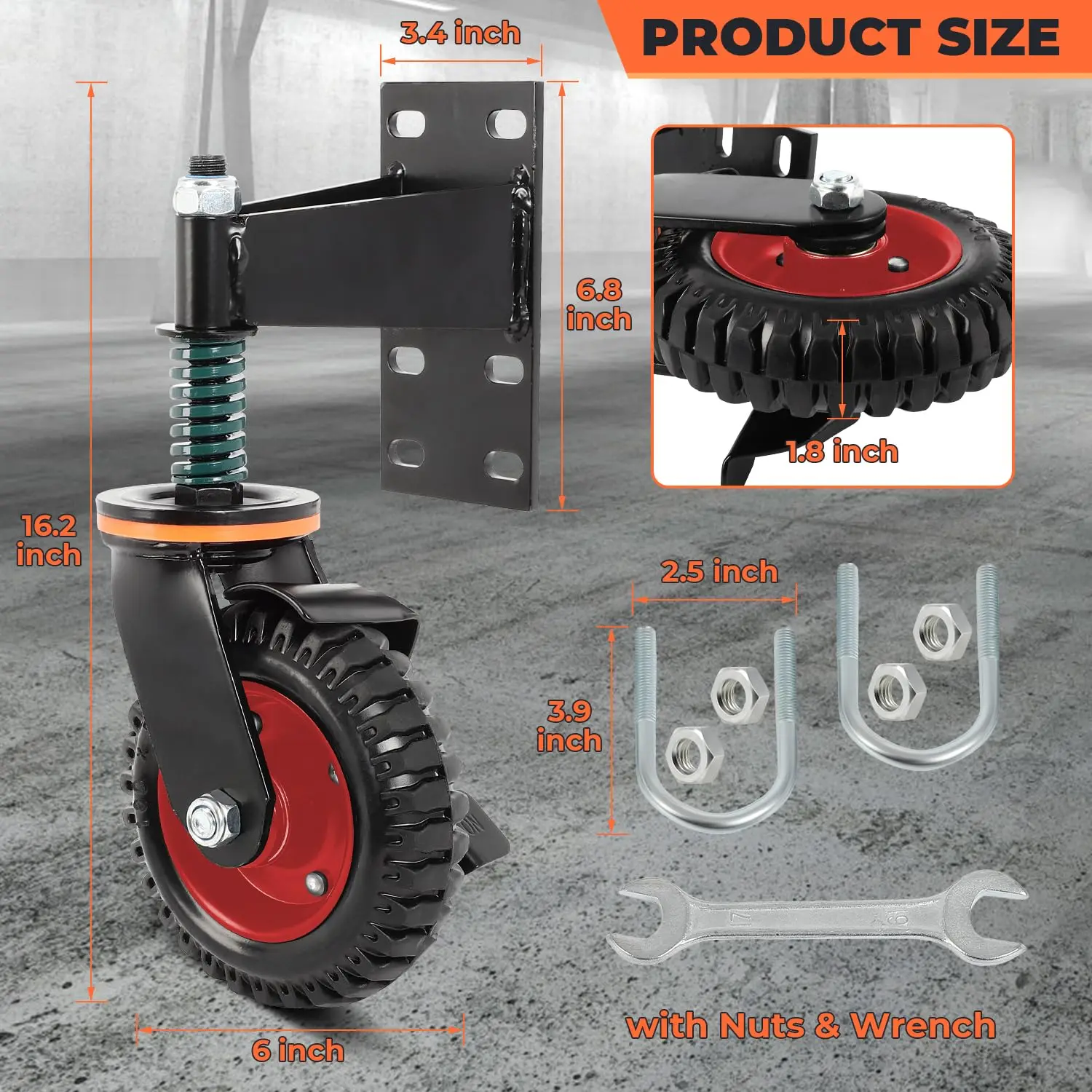 2 Pack Gate Wheel 6inch Fence Gate Wheels with Brake, for Metal Tube/Wooden Gate 360 Degree Rotation Spring Loaded 500Lb