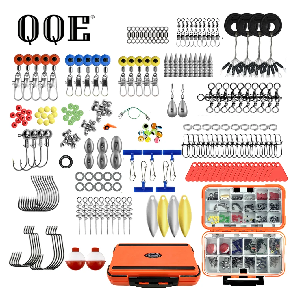 QQE 246Pcs Outdoor Fishing Accessories Kit with Plier, Hooks, Sinkers, Swivels, Beads for Freshwater & Saltwater Fishing