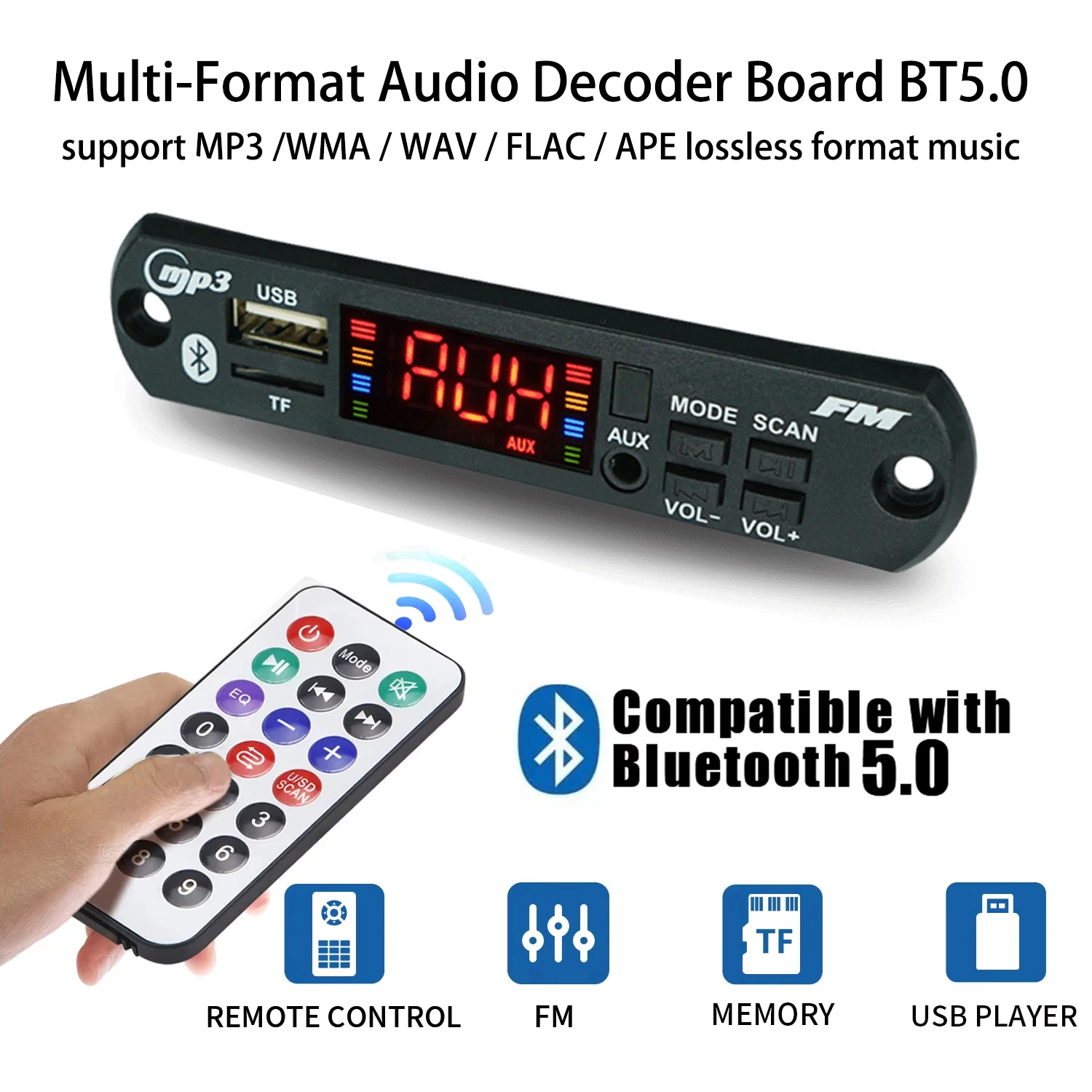 

Multi-Format Audio Decoder Board BT5.0 | USB/SD/TF Input | 5-Band EQ | LINE IN/OUT | FM Tuner | 4-Key Control w/ IR Remote