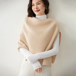 2024 New Women 100% Cashmere Short Poncho O-neck Shawl Wraps Thick Ribs Knitted Accessories Cape Soft Scarf Neck Warmer Cappa