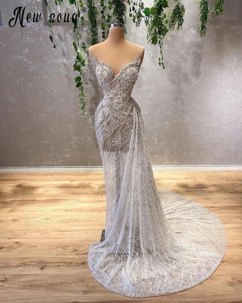 Robe de Soirée Longue en Forme de Sirène pour Femme Arabe, Tenue sur Mesure, avec Perles, Transparente, pour Occasions Formelles, Offre Spéciale, 2023