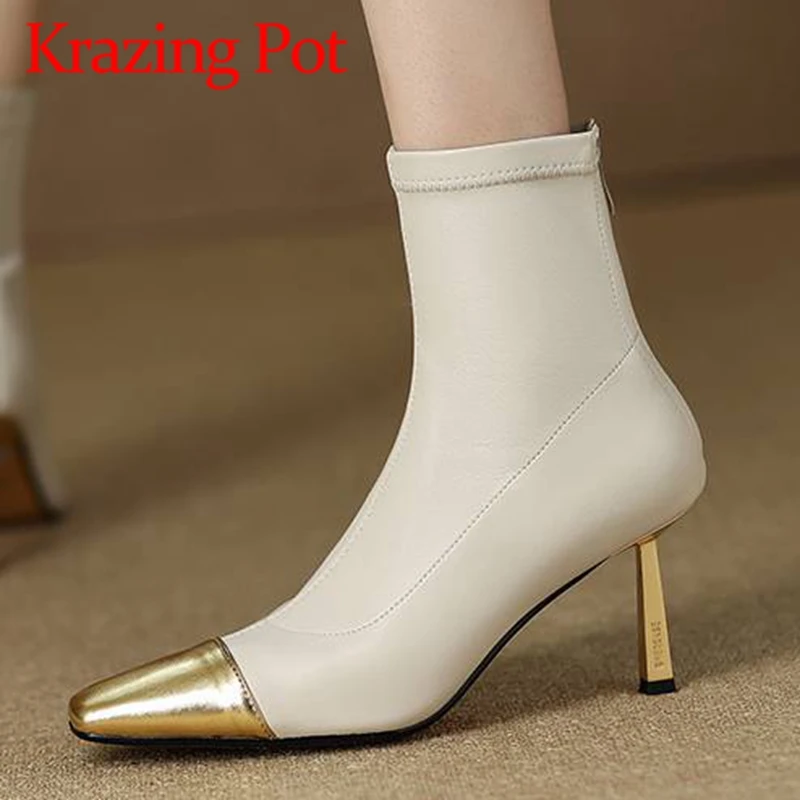 

Krazing Pot Cow Split Leather Square Toe Thin High Heels Modern Boots Splicing Stovepipe Deign Fashion Cozy Zipper Ankle Boots
