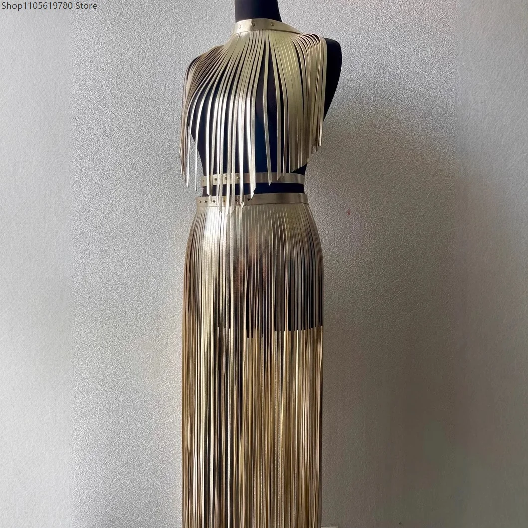 Shiny Metallic Gold Multi‑Layer Fringe Body Harness Set Choker Sleeveless Top And Extra‑Long Tassel Waist Skirt Prop Accessory