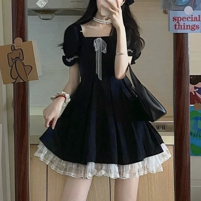 

Korean Casual Kawaii Mini Dress Women Lace Black Cute Elegant Party Dresses Summer 2024 Puff Sleeve Ruffle France Vintage Gothic