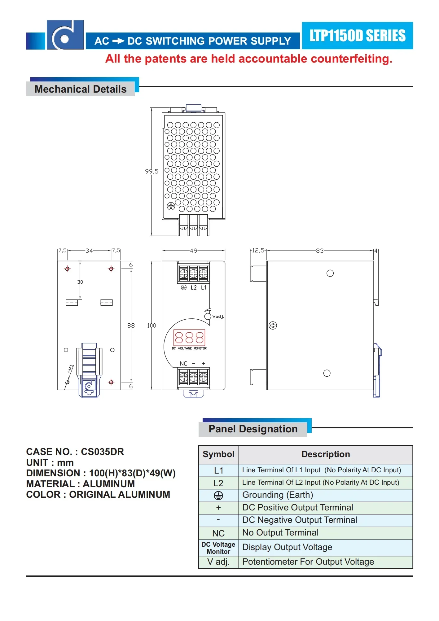 Reignpower 150W 48V 12V 24V Trójfazowy zasilacz prądu przemiennego na prąd stały na szynę DIN Zasilacz przemysłowy 48Vdc