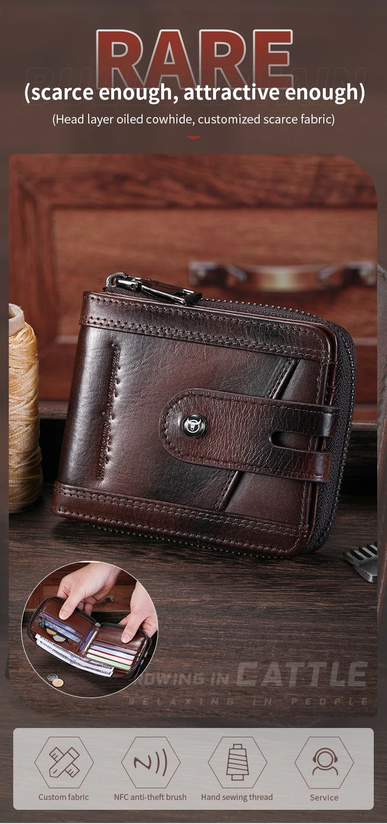 Bull captain Echt leder Herren Bifold Brieftasche mit Reiß verschluss sicher speichern Sie Ihr Bargeld und Karten RFID Blocking Karten halter – Detail 3