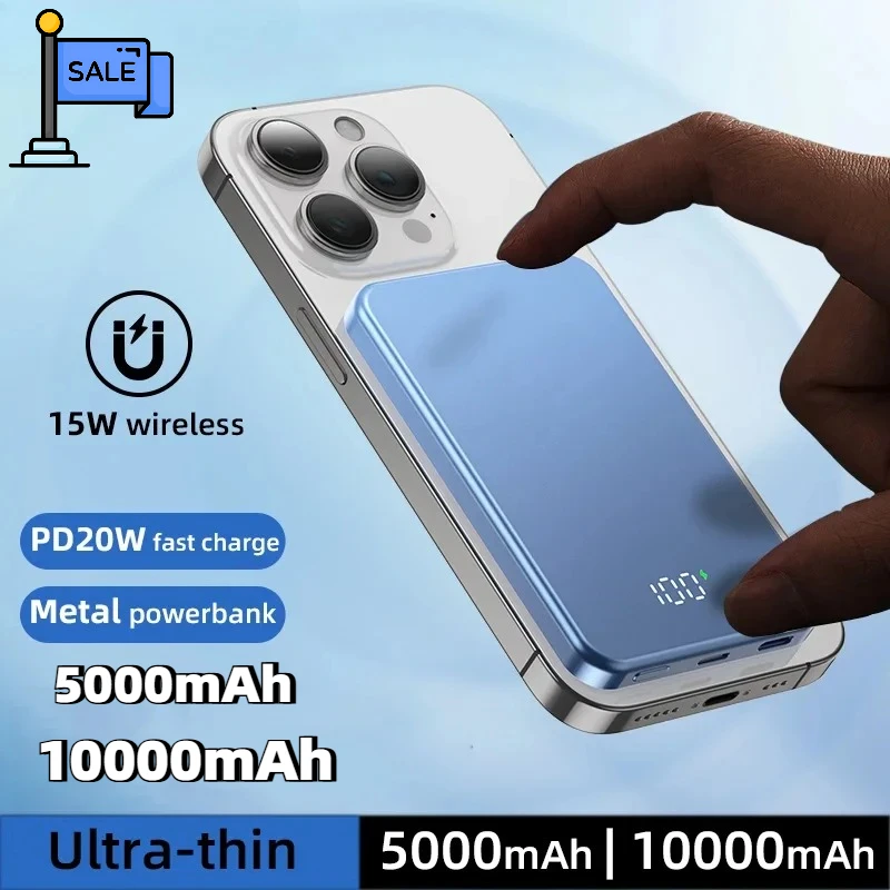 

Магнитный беспроводной внешний аккумулятор Power Bank 10000 мАч, тонкий PD20W, портативный внешний запасной аккумулятор с быстрой зарядкой для iPhone 15 14 13 12 Samsung
