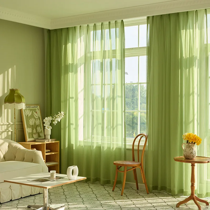 Custom Size Green Fresh and Romantic Living Room Bay Window Curtains Transparent and Impermeable Tulle Curtains Bedroom