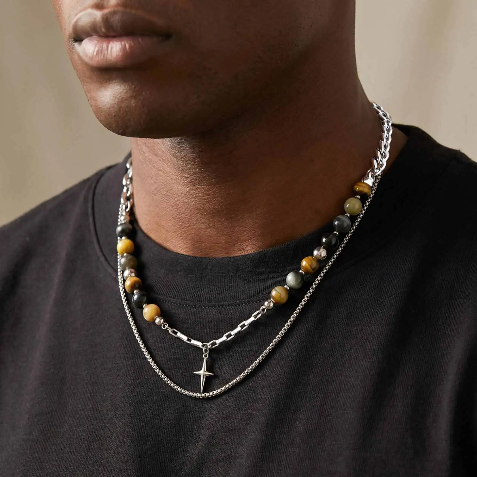 Vnox Men Star Pendant Necklace Natural Tiger Eye Beads Stainless Steel Punk Stackable Hip Hop Male Neck Jewelry Birthday Gifts