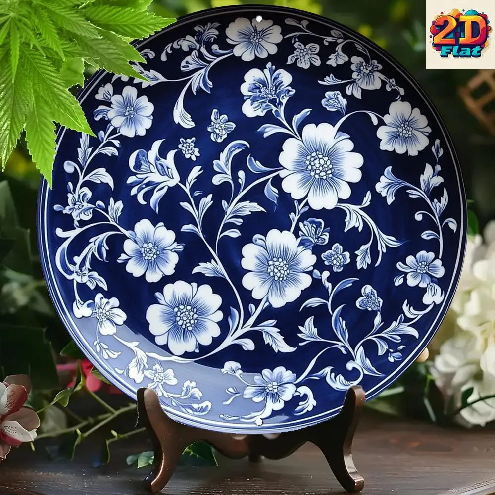 2D Flat Aluminum Round Wall Decoration, Deep Blue Porcelain Plate, White Floral Pattern. Flowers And Leaves with Different Shape
