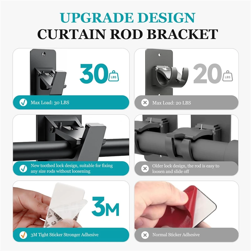 حامل قضيب الستارة العالمي 2/4 قطعة أسود بدون مثقاب ذاتي 3M لاصق يصل إلى 30 رطل للحمام وغرفة النوم وغرفة المعيشة والمطبخ #5