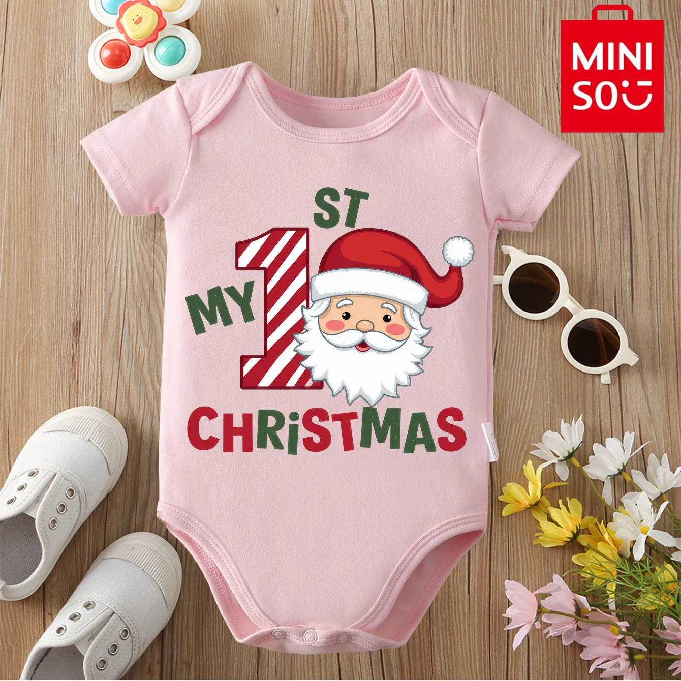 

MINISO Pure Cotton Cloths Baby's First Christmas Santa Elk Onesie Jumpsuit Bodysuit for 0-12 Months Newborn Best Gift for Baby