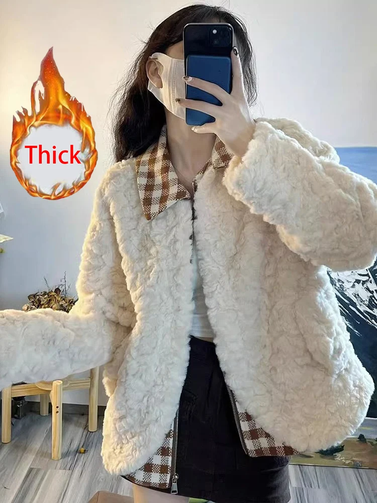 เสื้อโค้ทขนแกะเทียมน่ารักหวานๆ สำหรับผู้หญิง ฤดูหนาว หนา อุ่น ลายสก็อต ตัดต่อแบบวินเทจ สไตล์ Preppy แขนยาว น่ารัก สไตล์ Kawaii เสื้อคลุม