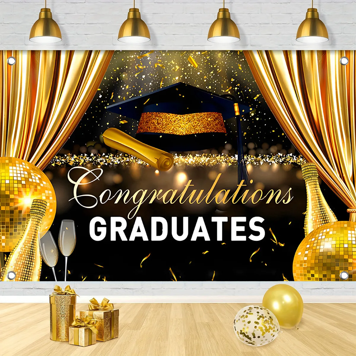 Happy Graduation Background Class of 2024 Congratulation Graduates Black Gold Glitter Balloons Background Party Decorations