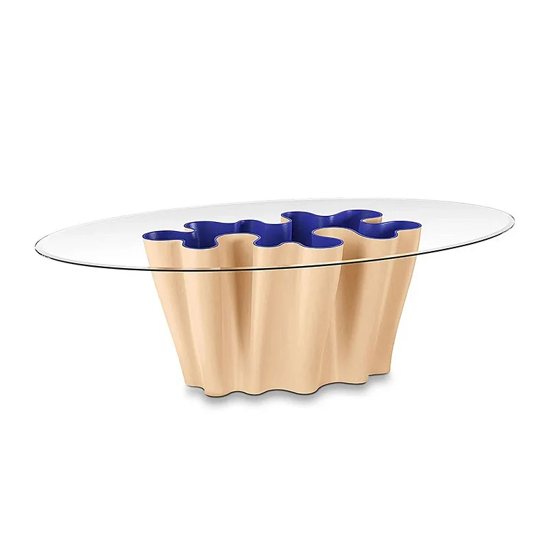 Dining table Villa large flat pleated wave glass art oval dining table petal dining table