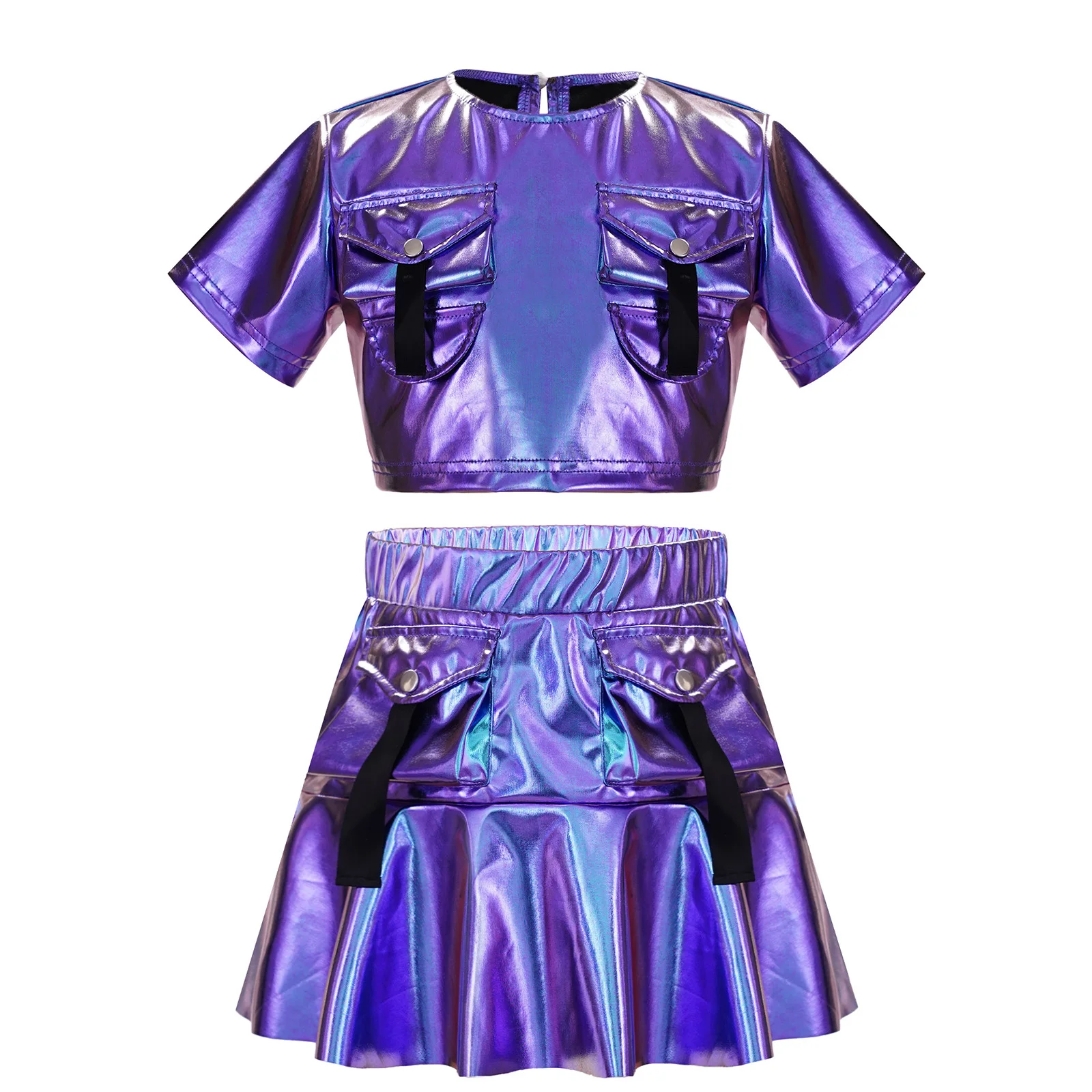 Kids Girls Hip Hop Disco Dance Costume Short Sleeve Round Neck Metallic Crop Top With Skirt for Modern Dance Stage Performance
