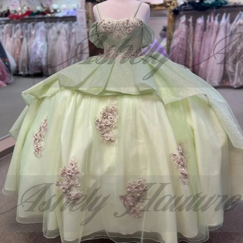 Customized Mint Green Princess Girl Quinceanera Dress Lace Applique Shinny Puffy Skirt Prom Birthday Party Dresses Wedding 2025