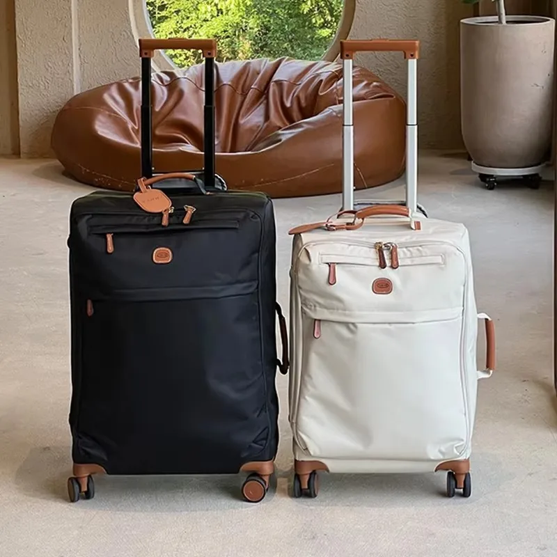 Ultra-light Rolling Luggage Nylon Fiber Fabric Cloth Suitcase Retro Genuine Leather Handle Travel Bag Spinner Wheels 20/24/26/28