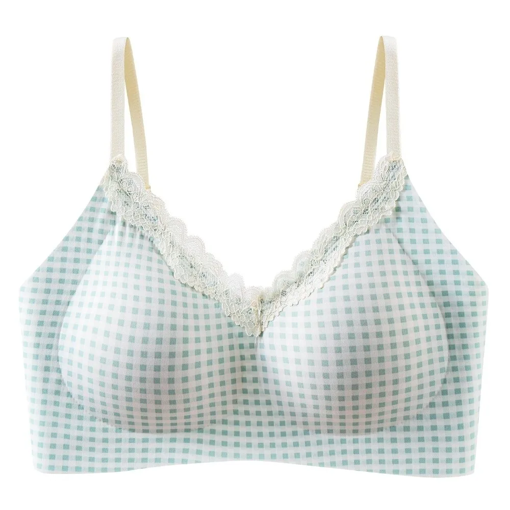 

Traceless Lace Wireless V Bra Grid Pattern Flower Bow Brassiere for Women Anti-sagging Lingerie Seamless Bras Sport