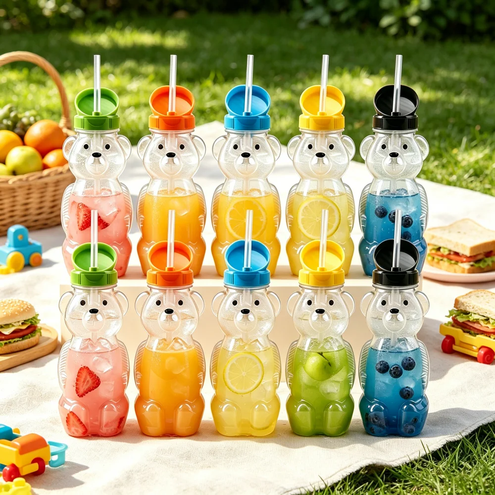 10 Pack Honey Bear Reusable Straw Cups, Random Color Kids Cups for Party Picnic Daily Use