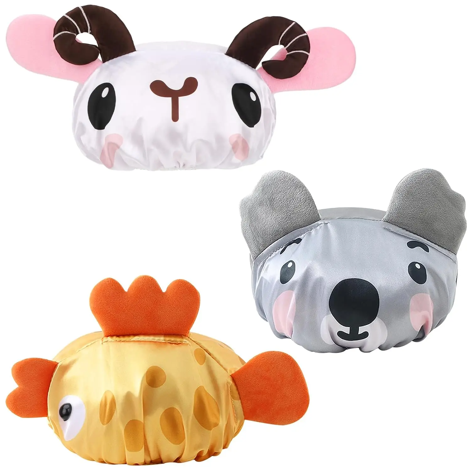 

3-Piece Fun Cute Animal Shower Caps for Kids, Reusable Waterproof Bath Hat Set