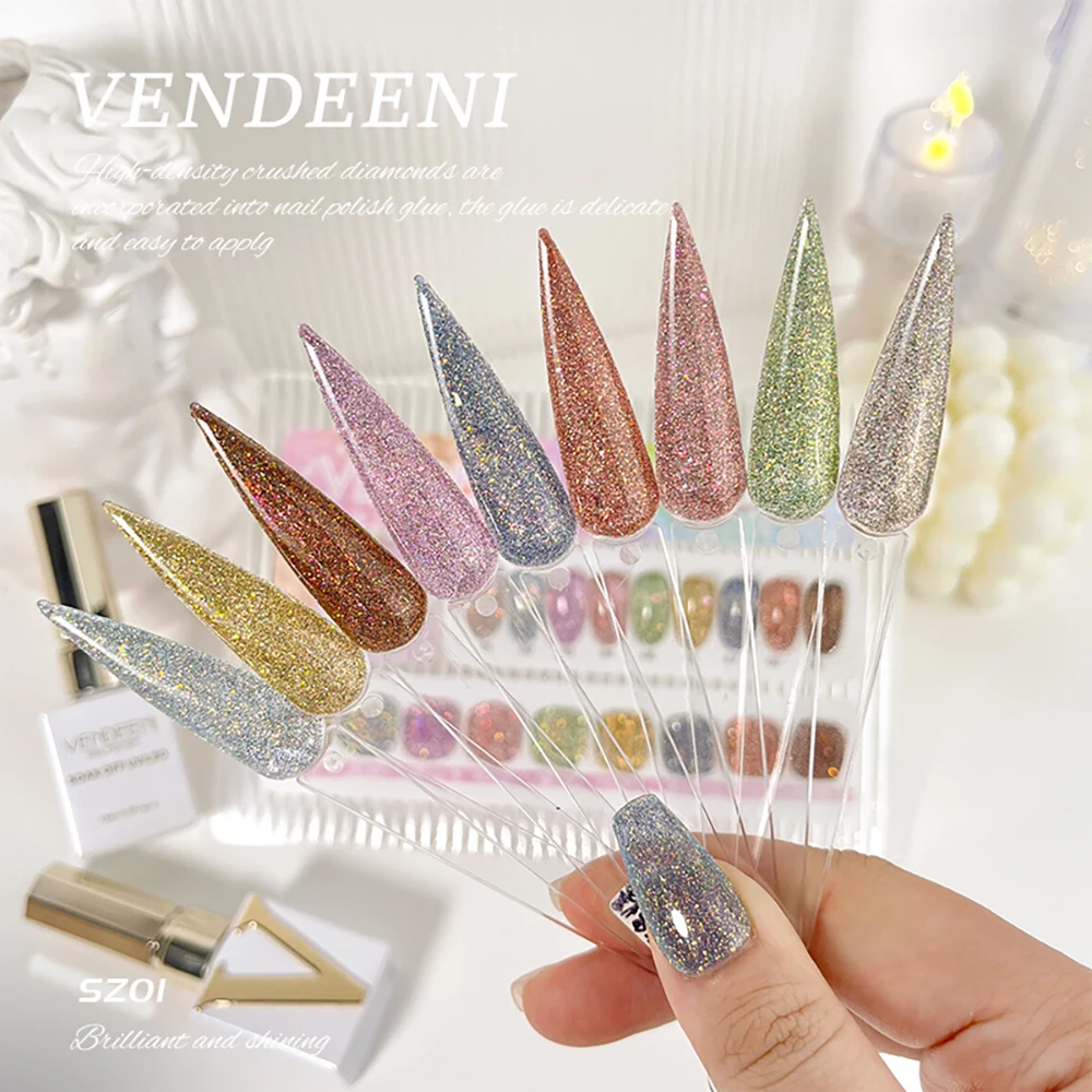 Vendeeni 9 Farben/Set Regenbogen Glitzer Gebrochener Diamant Gel Nagellack UV LED Aushärtbarer Gel-Lack Flash Nail Art Gel mit Display – Detail 15