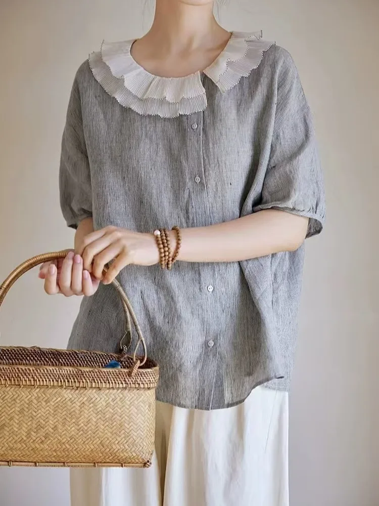 

Молодежная хлопково-льняная рубашка в полоску для женщин, весна-лето, свободный крой, большие размеры, с коротким рукавом, в милом японском стиле, с воротником-стойкой