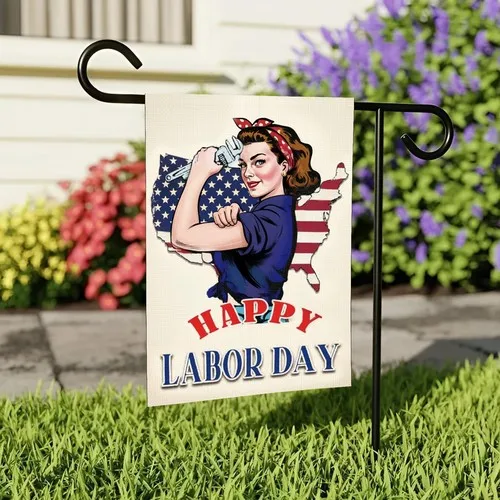 Happy Labor Day Garden Flag – Rosie the Riveter Style with US Map – Outdoor Yard RRM IIX SSL