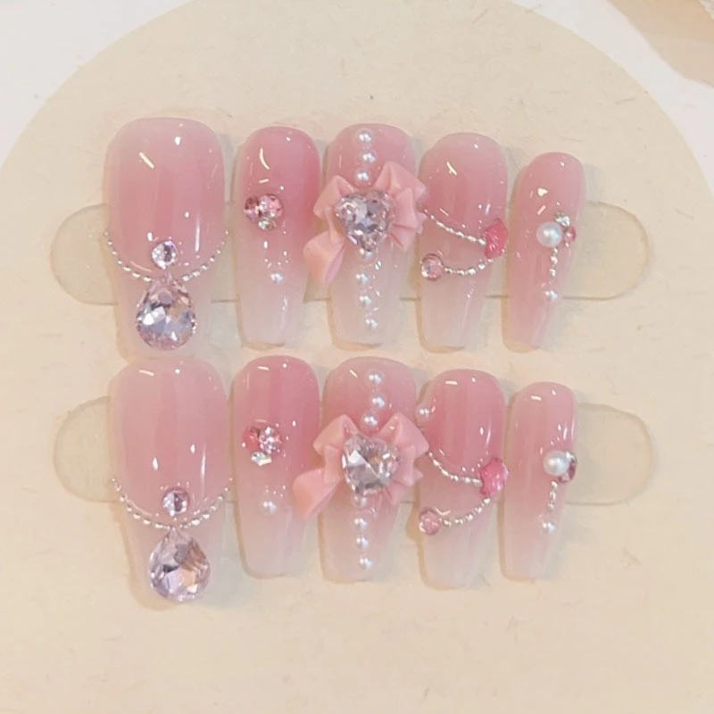 10Pcs Pink Coffin Handmade Press On Nails 3D Rhinestone Fake Nail with Butterfly Full Cover Pearl Wearable Artificial Nail Tips