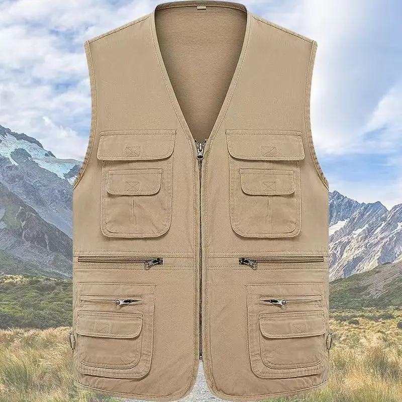 

Men's Cotton Vest Jaet Outdoor Large Size Dad Fiing Vest Multi-ket Busin Casual Loose Fit V-Ne Zipper Closure