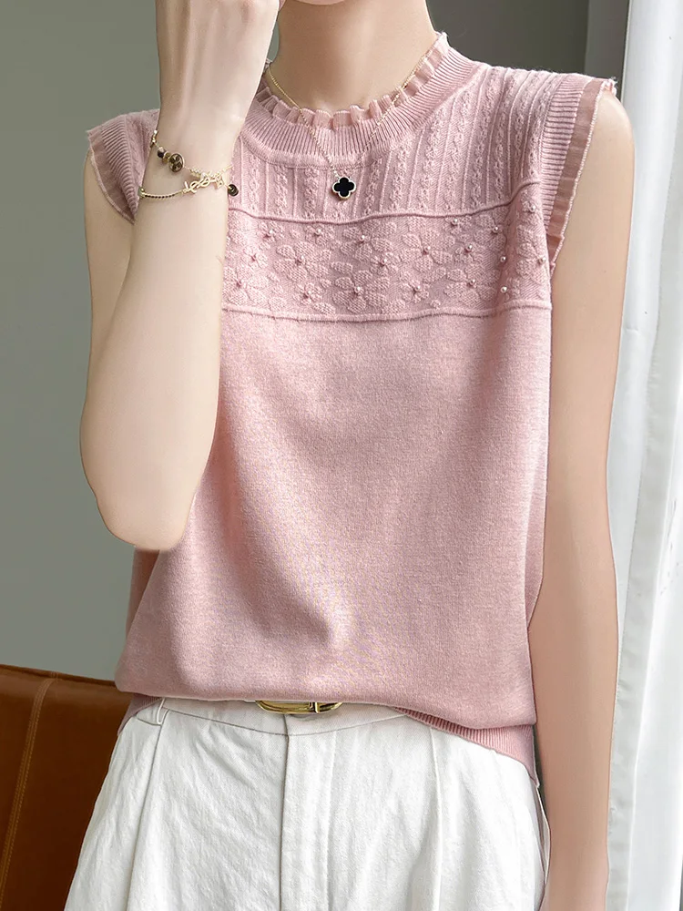 Summer new women\'s sweater lace wood ear 100% pure merino sweater sleeveless O-neck hollow T-shirt