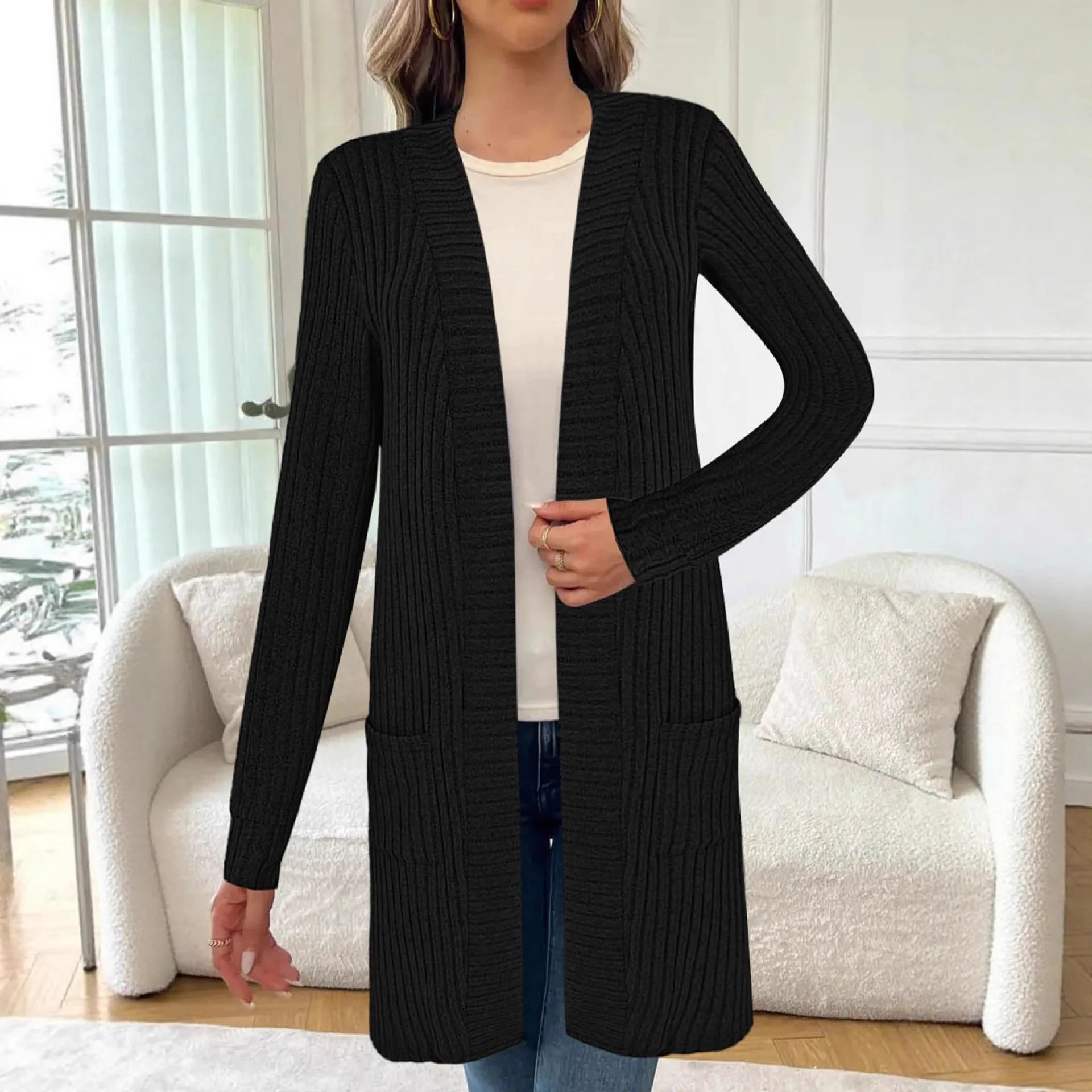 

2025 European American Autumn Winter Long Solid Color Long Sleeve Loose Pocket Cardigan Jacket Women's Clothing