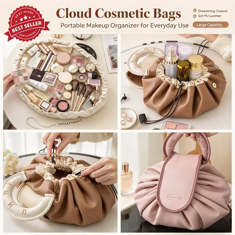 Drawstring Makeup Bag for Women, Large Capacity Portable Toiletry Storage Pouch for Travel & Daily Outing