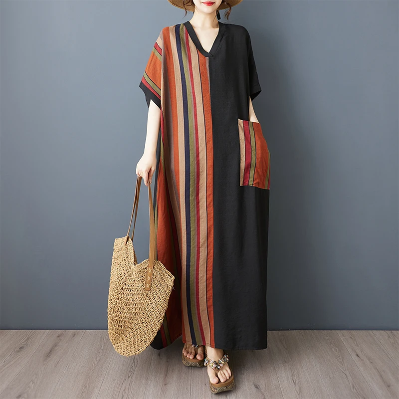 

Slimming Long V-Neck Short Sleeve Cotton Linen Blend Thin Dress Knee-Over Color Block Striped Maxi Dress for plus Size Women