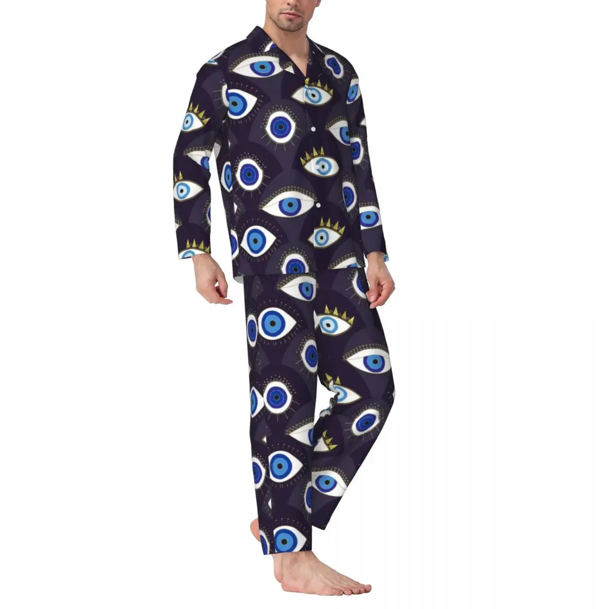 Pajamas Men Evil Eye Print Daily Nightwear Protect Me Two Piece Vintage Pajama Set Long Sleeve Cute Oversized Home Suit