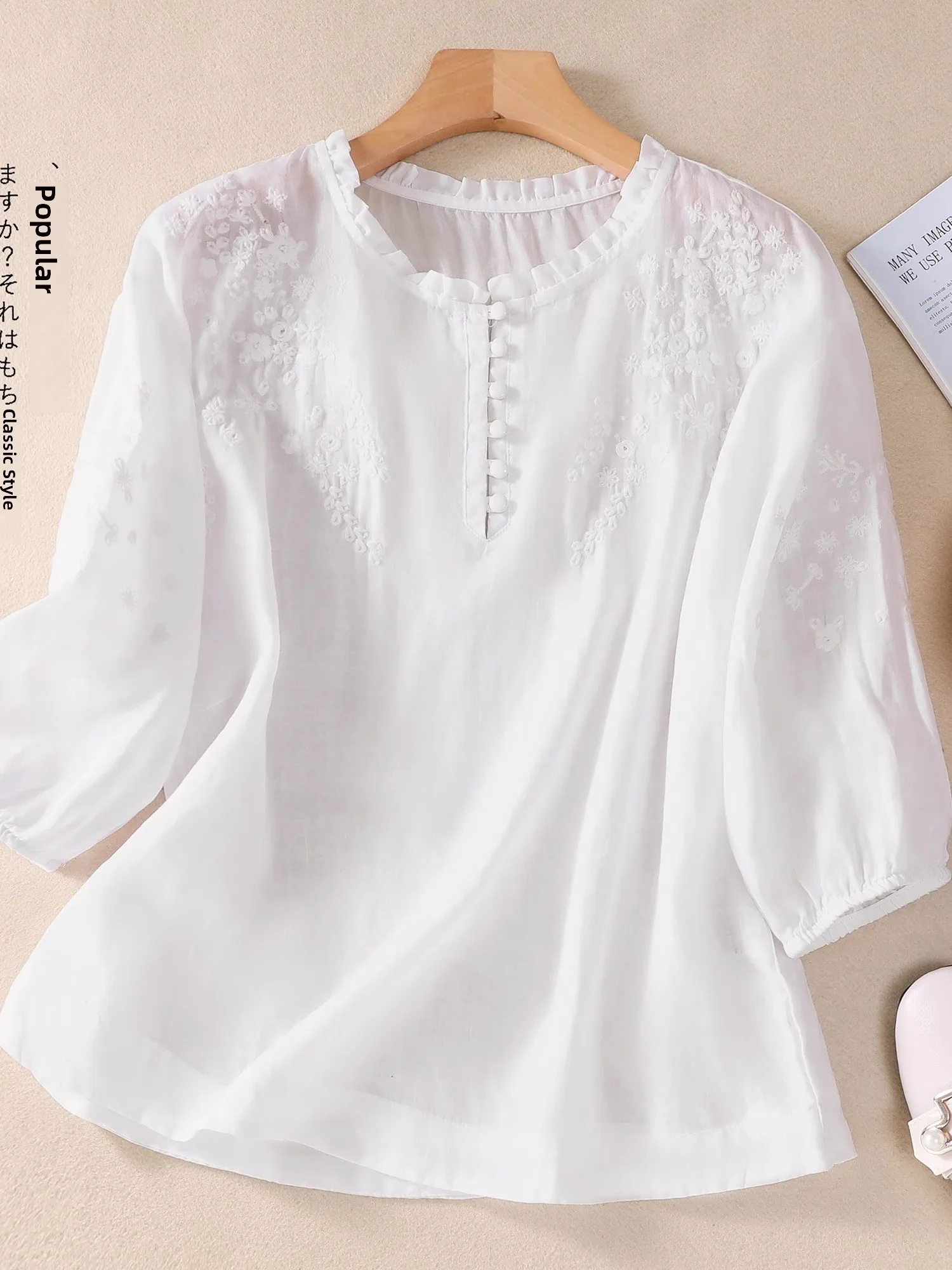 예술적인 자수 코튼 린넨 여성 엄마용 순색 린넨 탑 플로럴 레이스 칼라 루즈핏 여름 자외선 차단...