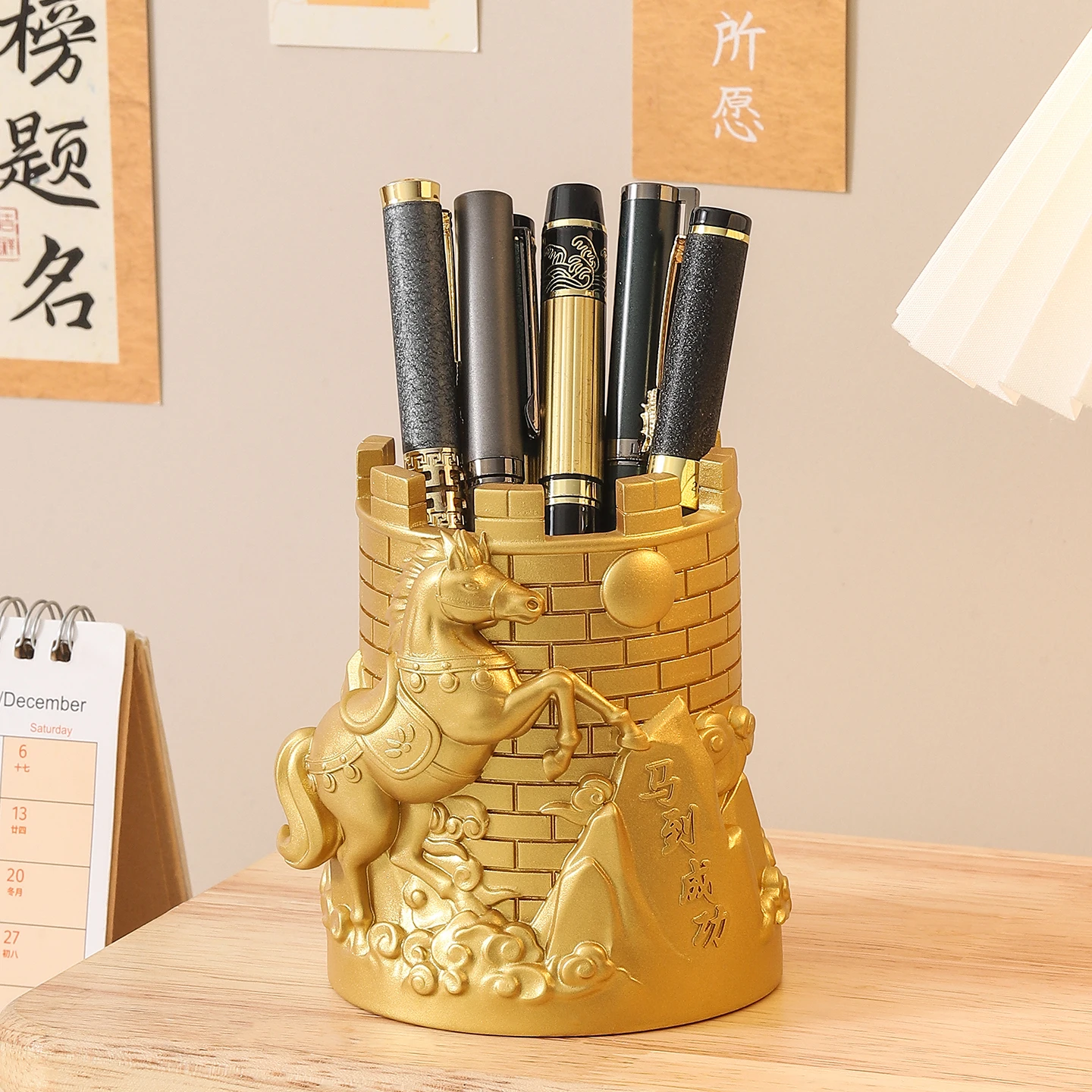 Golden Horse Castle Sculpture Pen Holder, Creative Desktop Stationery Organizer, Tabletop Decor Ornament for Home & Office