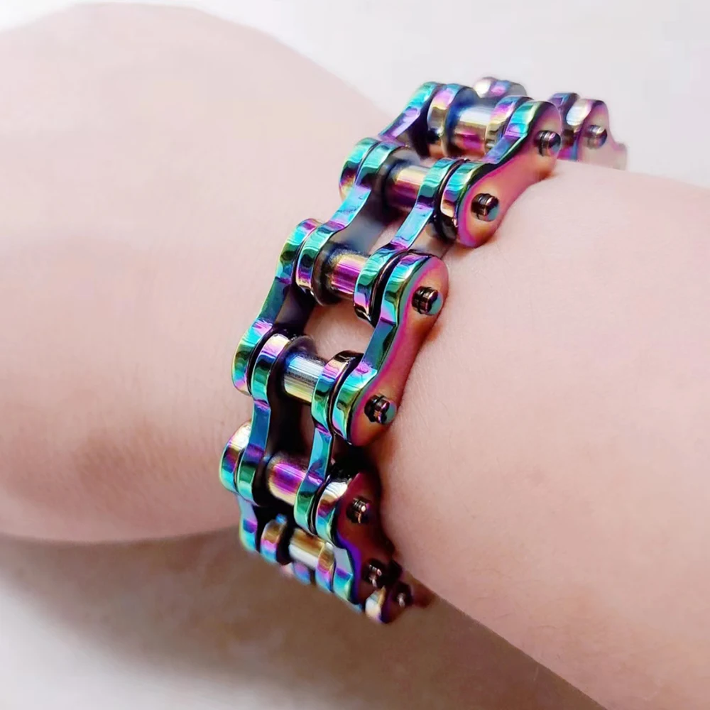 18mm Heavy Punk Rock Men Rainbow Blue Bike Biker Motorcycle Chain Bracelet Jewelry Women Titanium Steel Bicycle Bracelet Bangle
