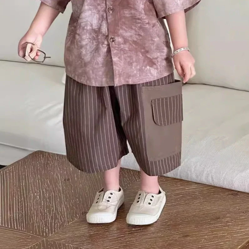 Boys Pants 2026 Summer New Children's Clothing Korean Style Boys Baby Vertical Stripe Thin 7 Points Pants Casual Simple Daily