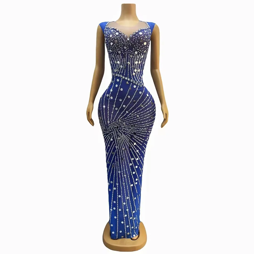 

Sexy Silver Sequins Rhinestones Blue DressOutfit Photo Shoot Dance Nightclub CostumeFemale Singer Dance Wearlanwen C167