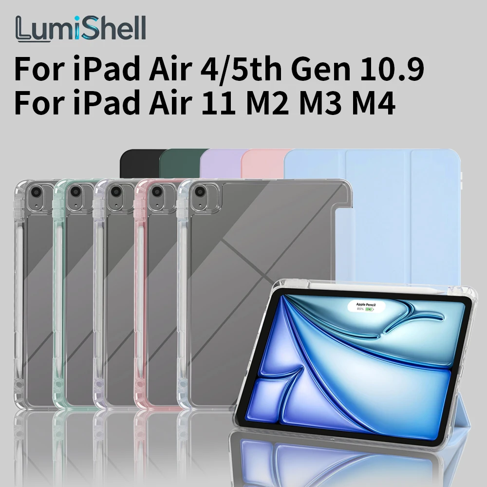 Clear Case For iPad Air 11 M4 M3 M2/ iPad Air 4/5th Gen 10.9/ iPad Pro 11 2018-2022, Cover With Pencil Holder, PU Leather Cover