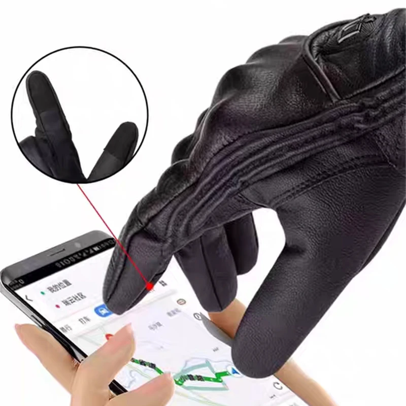 オートバイライダーのフルフィンガーハンドプロテクター付きタッチスクリーングローブ、山羊革製の本革グローブ、男性-女性用