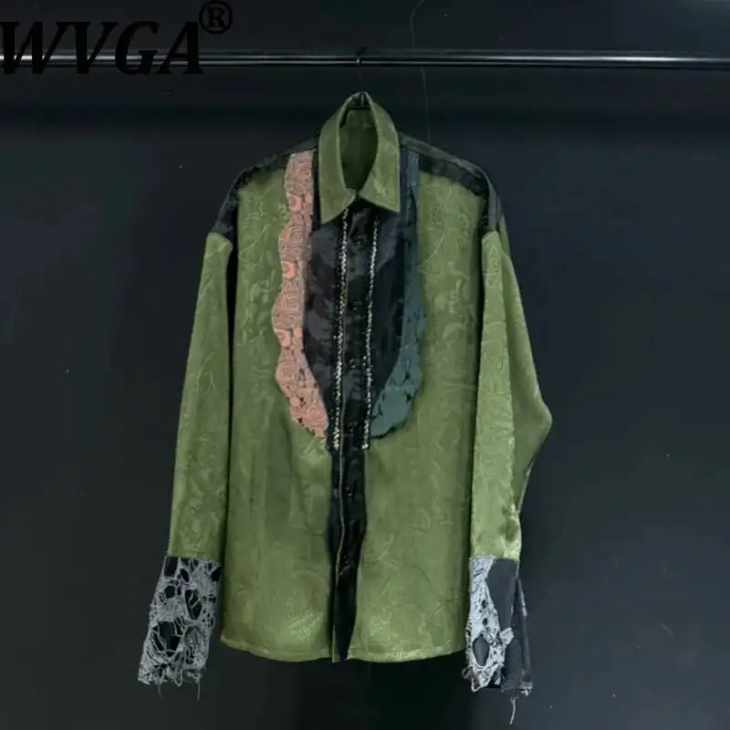 WVGA Spring Autumn New Men's Vintage Patchwork Asymmetrical Long Sleeve Shirt Niche Chic Casual Turn-Down Collar Tops Ins W26197