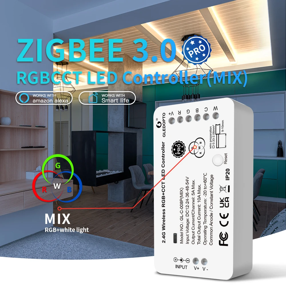 

GLEDOPTO ZigBee Строительная лента, контроллер RGB CCT, цвет белый, цвет светодиодный Mix RGB + белый Homey Alexa Tuya SmartThings, приложение для голосового управления