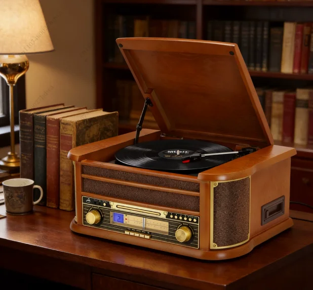 Tocadiscos De Vinilo Vintage, Reproductor De CD Y Casete Compatible Con Bluetooth, Altavoz, Radio , Grabador USB