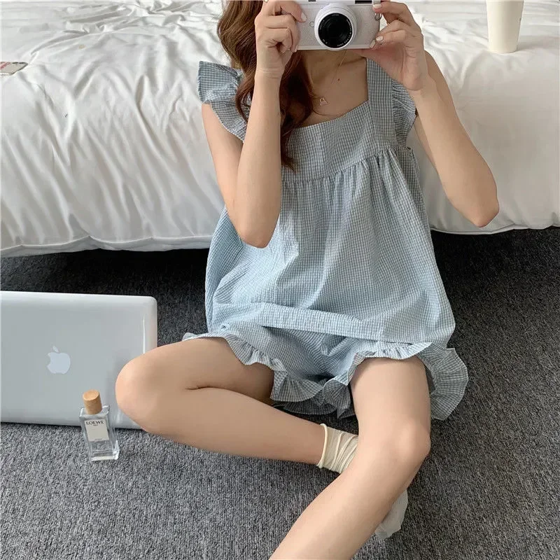 Geruite Dames Pyjama Shorts Set Nachtkleding Koreaanse Kawaii Vlieg Mouw Pijama Ruches Zomer Huiskleding Pak Loungewear Nachtkleding